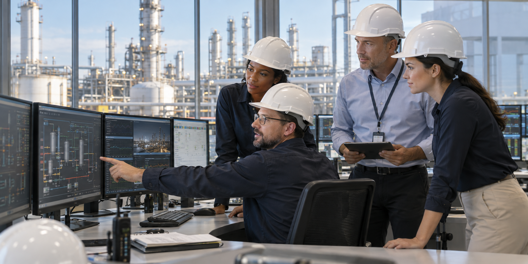 Energy professionals working in a refinery control room