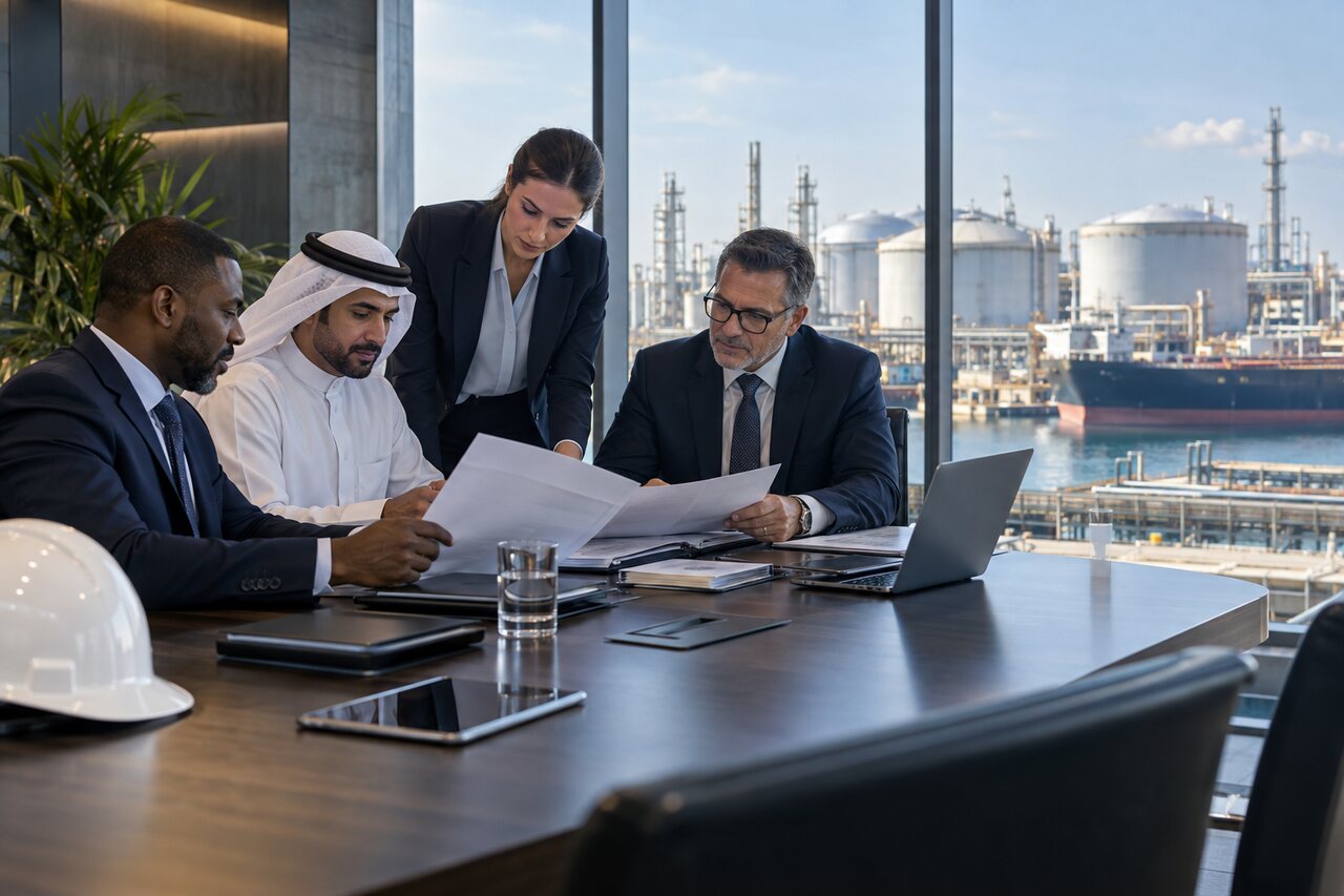 Business representatives reviewing transaction documents beside a petroleum terminal