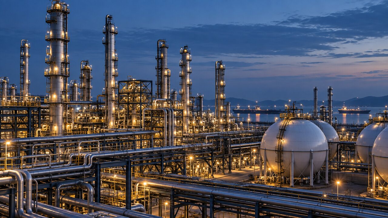 Modern petrochemical complex and storage vessels at blue hour
