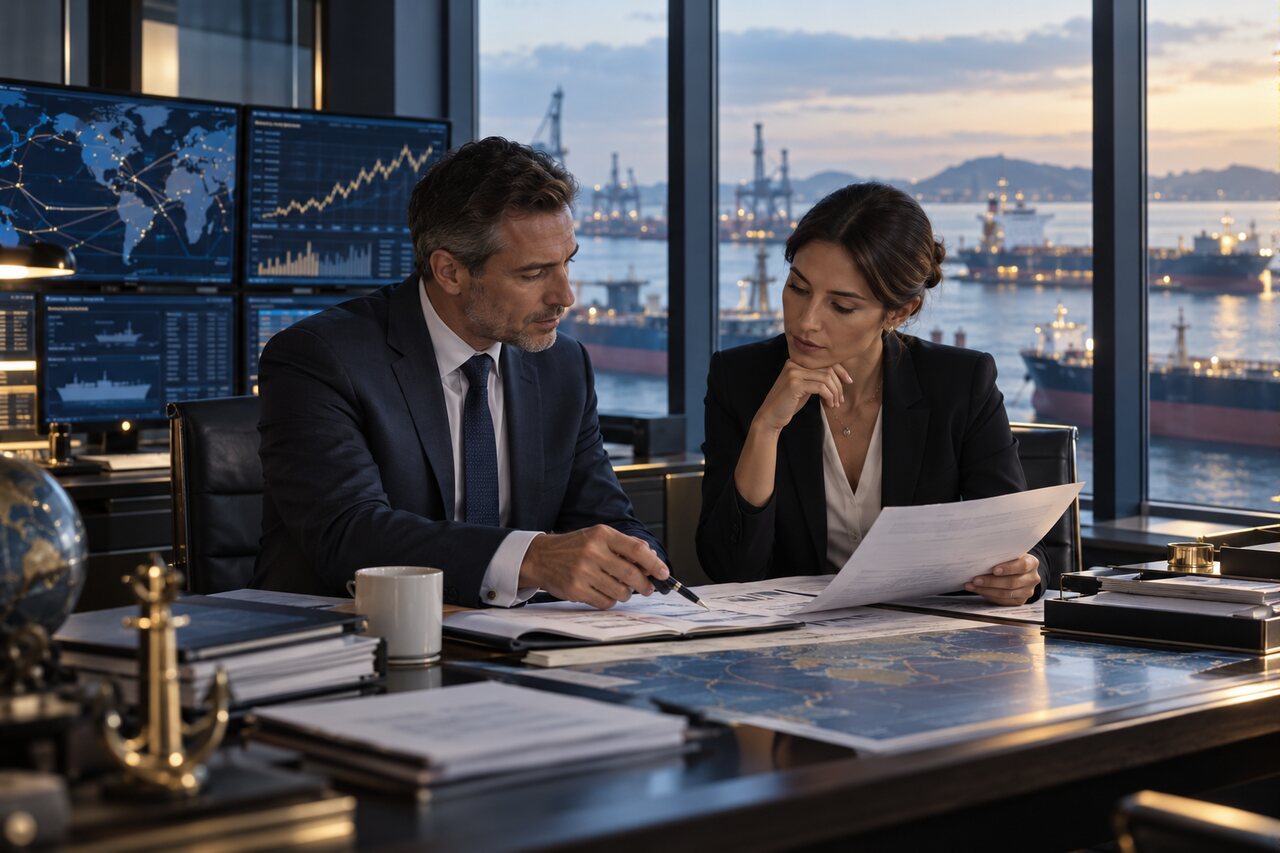 Petroleum trading professionals reviewing commercial documents beside a port